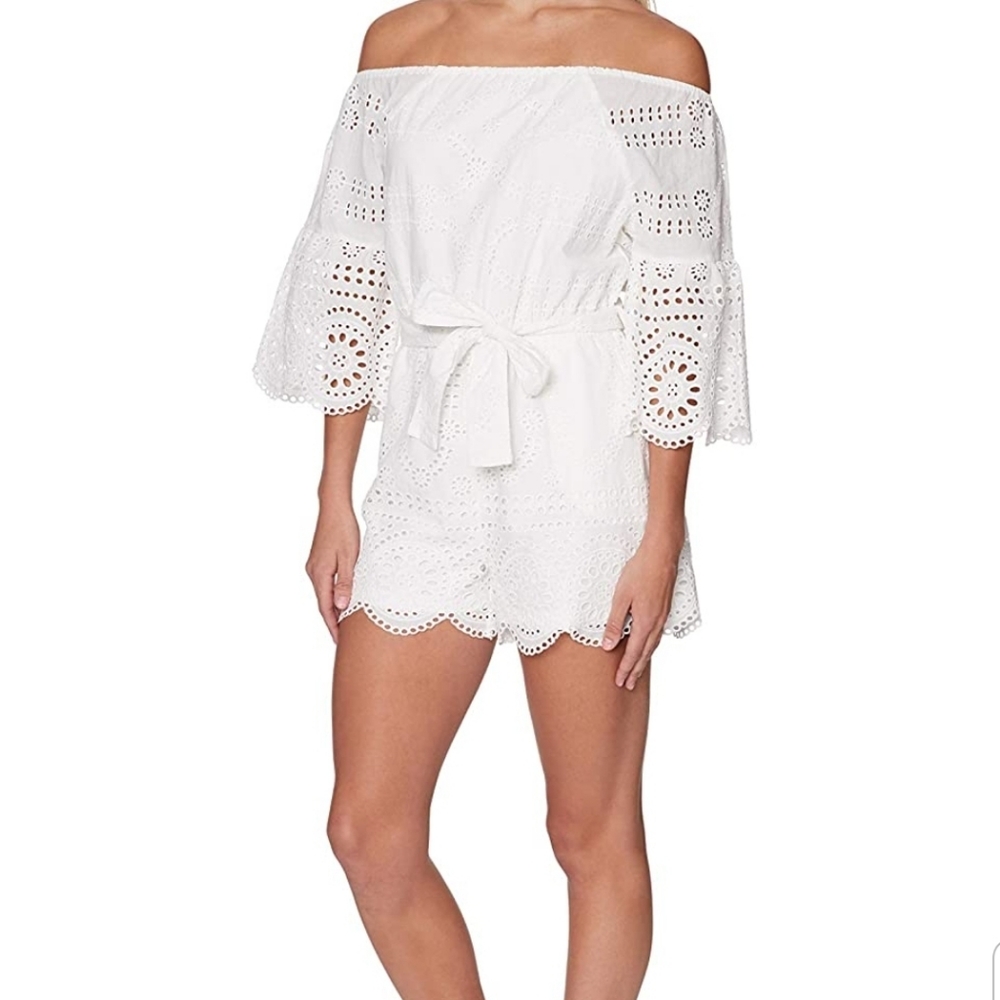 Sperry white eyelet off the shoulder romper